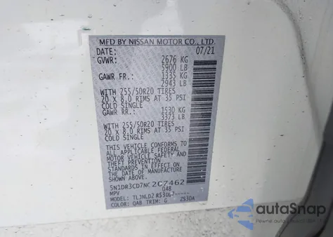 2022 Nissan Pathfinder Sl 4Wd z USA, uszkodzony, nr VIN 5N1DR3CD7NC207462